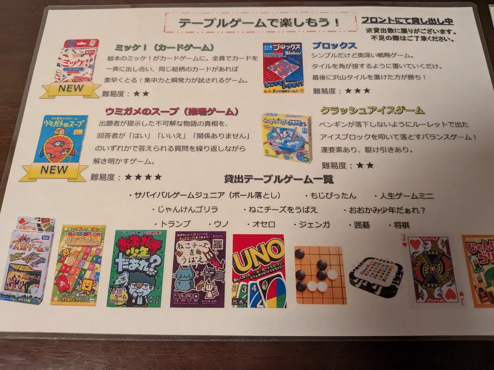 ボードゲームのメニュー